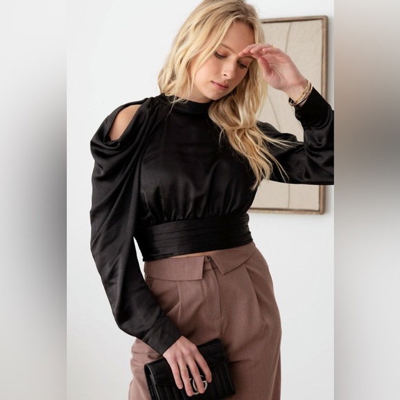 NWT-Satin Drape Sleeve Crop Cold Shoulder Top - Picture 5 of 9